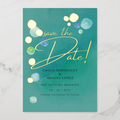 Gold Foil Sea Glass Teal Green Wedding Dave Date Foil Invitation