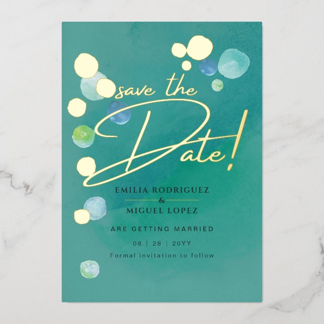Gold Foil Sea Glass Teal Green Wedding Dave Date Invitation (Front)