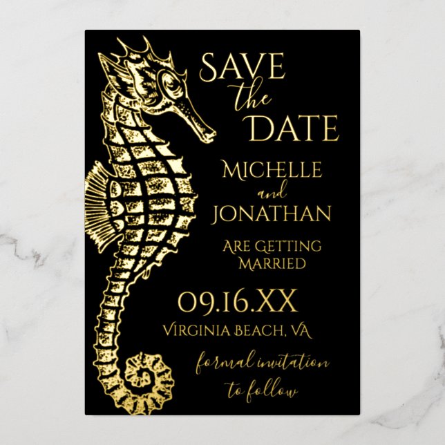 Gold Foil Seahorse Beach Wedding Save the Date Invitation (Front)
