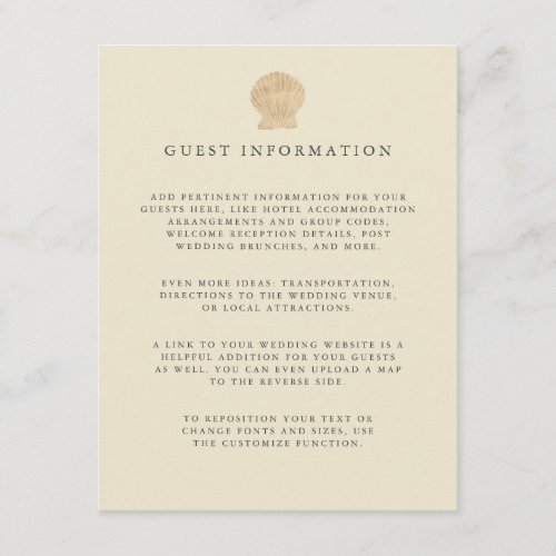 Gold foil Seashell coastal wedding guest Details Enclosure Card