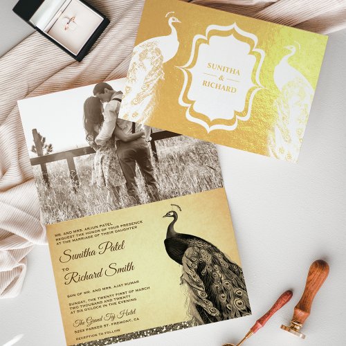 Gold Foil Sepia Peacock Photo Wedding Invitation