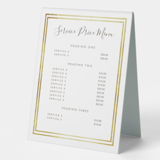 Gold Foil Service Price Menu Custom Made Table Tent (Front)