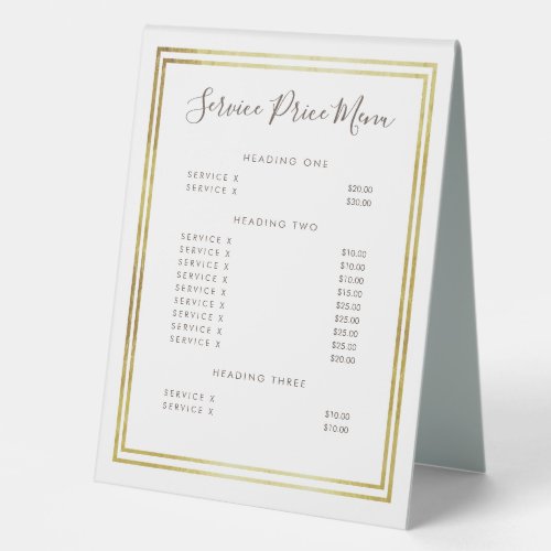 Gold Foil Service Price Menu Custom Made Table Tent Sign