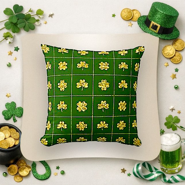 Gold Foil Shamrock Green Grid Pattern Throw Pillow (Creator Uploaded)