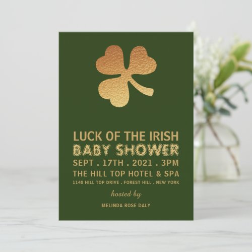 Gold Foil Shamrock Irish Baby Shower Invitation