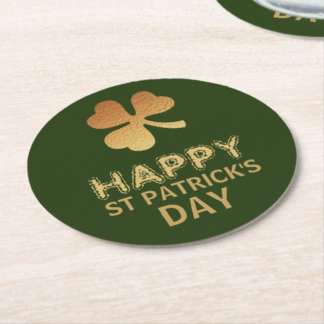 Gold Foil Shamrock, St Patrick's Day Round Paper Coaster (Angled)