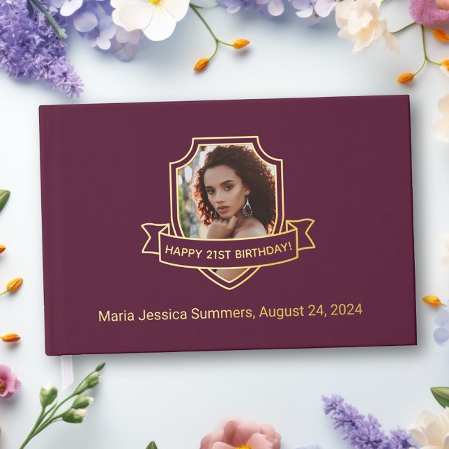 Gold Foil Shield on Burgundy Photo Birthday Foil Guest Book (Creator Uploaded)