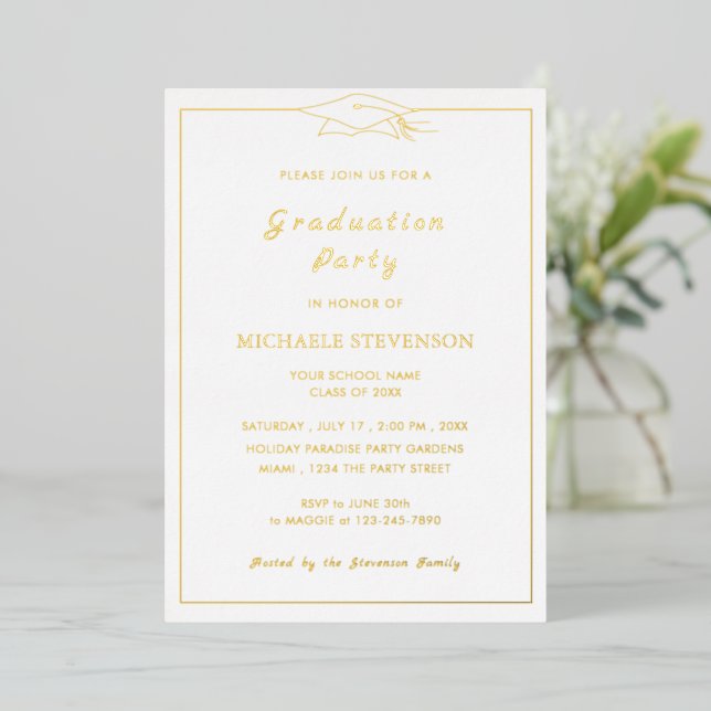 Gold Foil Shiny Luxury Graduation Party Invitation (Standing Front)