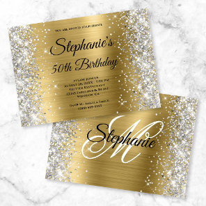 Gold Foil Silver Glitter Monogram Birthday Invitation