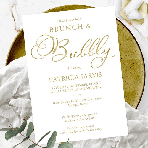 Gold Foil Simple Brunch And Bubbly Bridal Shower Invitation