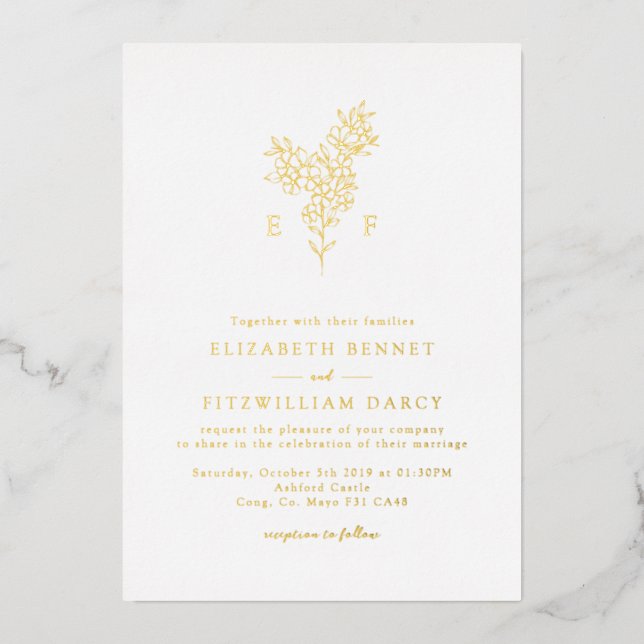 Gold Foil Simple Cherry Blooming Blossom Monogram  Invitation (Front)