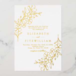 Gold Foil Simple Cherry Blooming Blossoms Wedding  Foil Invitation