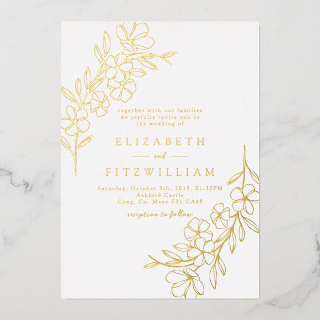 Gold Foil Simple Cherry Blooming Blossoms Wedding  Invitation (Front)