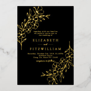 Gold Foil Simple Cherry Blossoms Black Wedding Foil Invitation