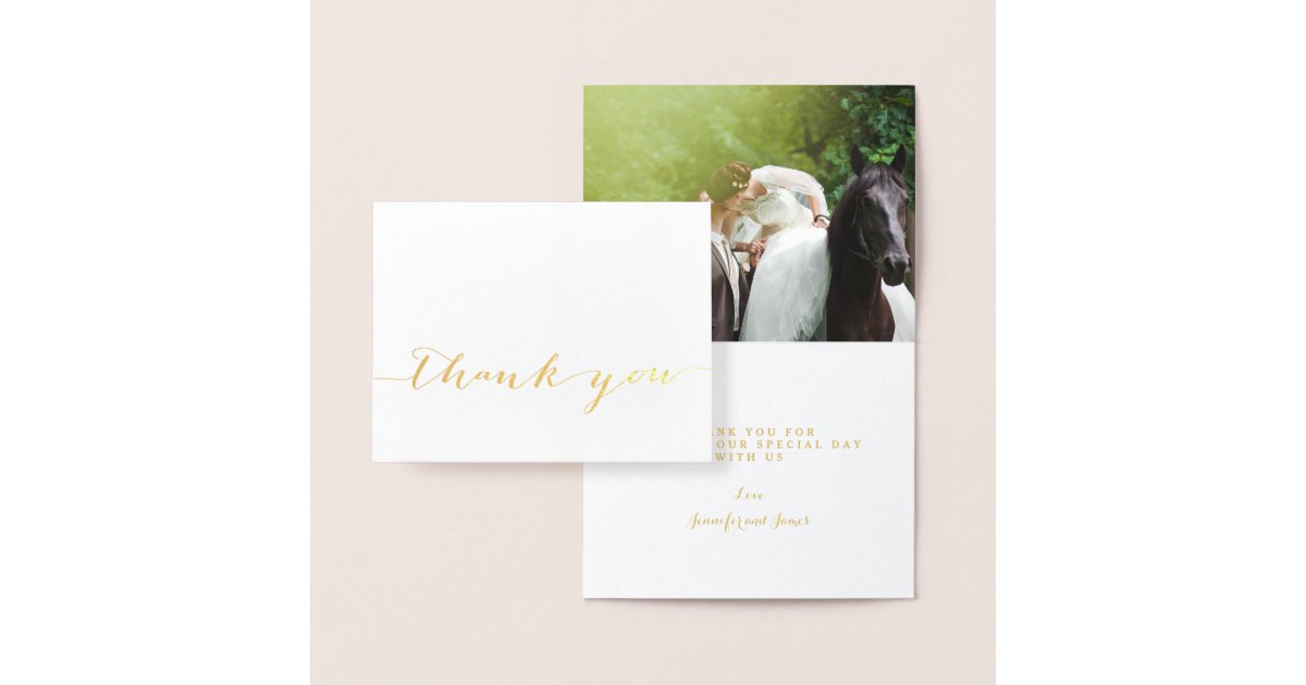 Gold Foil Simple Script Wedding Thank You Photo Foil Card | Zazzle