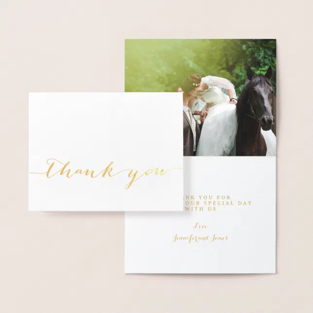 Gold Foil Simple Script Wedding Thank You Photo Foil Card | Zazzle