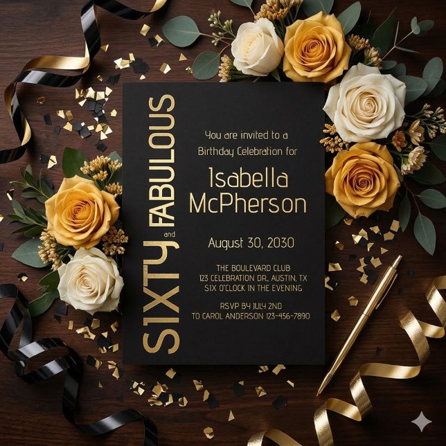 Gold Foil Sixty and Fabulous 60th Birthday Party Invitation (Creator Uploaded)