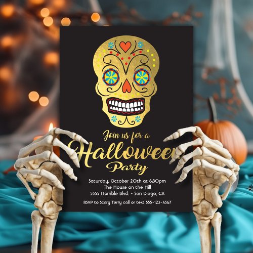 Gold Foil Skull Halloween Party invitations