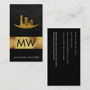 Gold Foil Skyline Leather Monogram Business Card