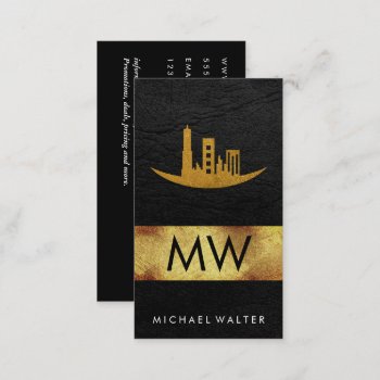 Gold Foil Skyline | Leather Monogram Business Card by lovely_businesscards at Zazzle