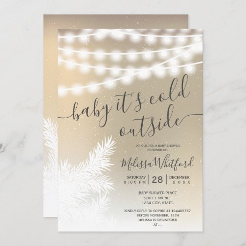 Gold foil snow pine string lights baby shower invitation