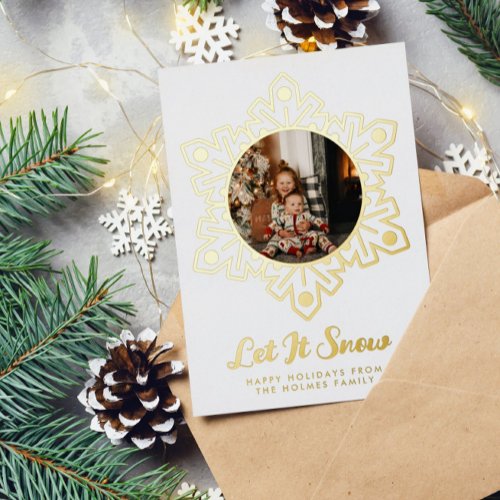 Gold Foil Snowflake Frame Let It Snow Photo Foil Holiday Card