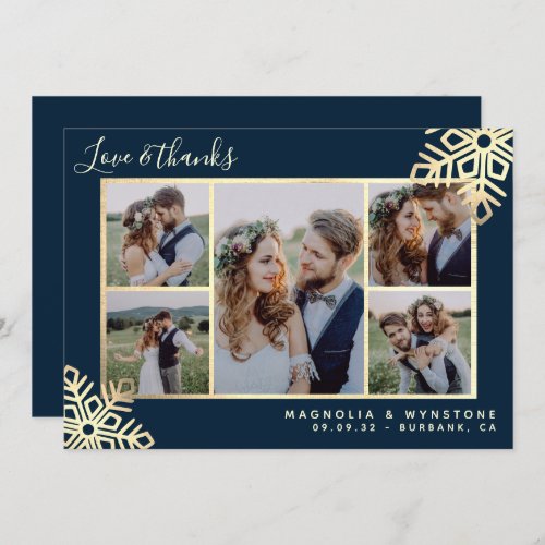 Gold Foil Snowflake Photo Collage Wedding Thank You Card
