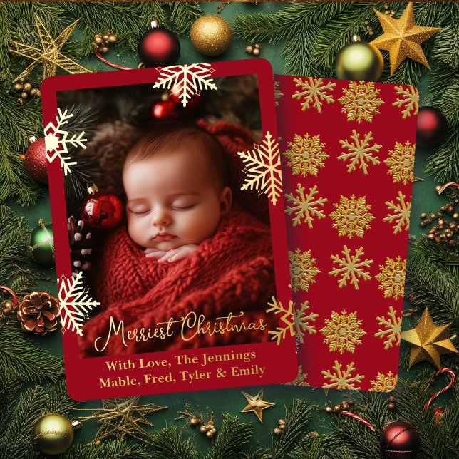 Gold Foil Snowflakes and Family Photo Personalized Foil Holiday Card (Creator Uploaded)