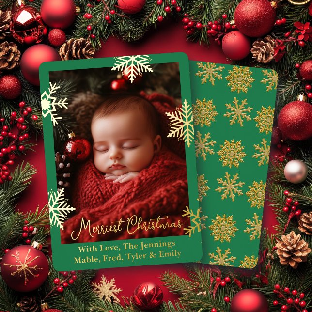 Gold Foil Snowflakes and Family Photo Personalized Foil Holiday Card (Creator Uploaded)