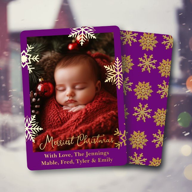Gold Foil Snowflakes and Family Photo Personalized Foil Holiday Card (Creator Uploaded)
