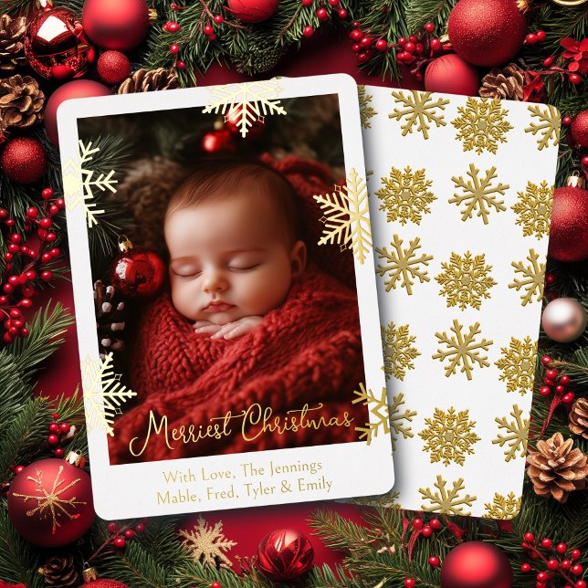 Gold Foil Snowflakes and Family Photo Personalized Holiday Card (Creator Uploaded)