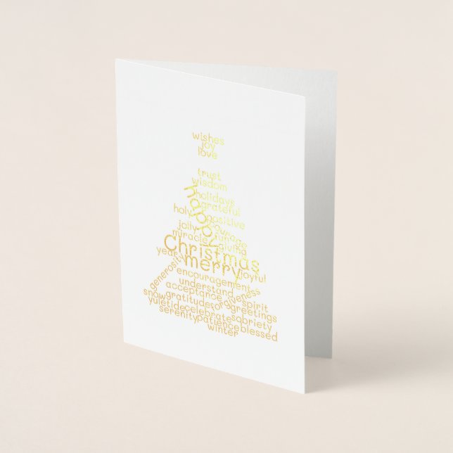 Gold Foil Sober Christmas Tree Word Cloud Card (Front)