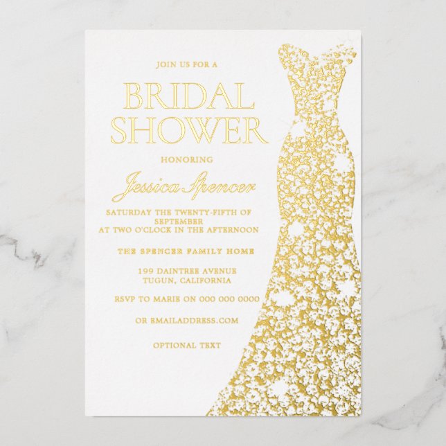 Gold Foil Sparkle Dress Wedding Bridal Shower Foil Invitation (Front)