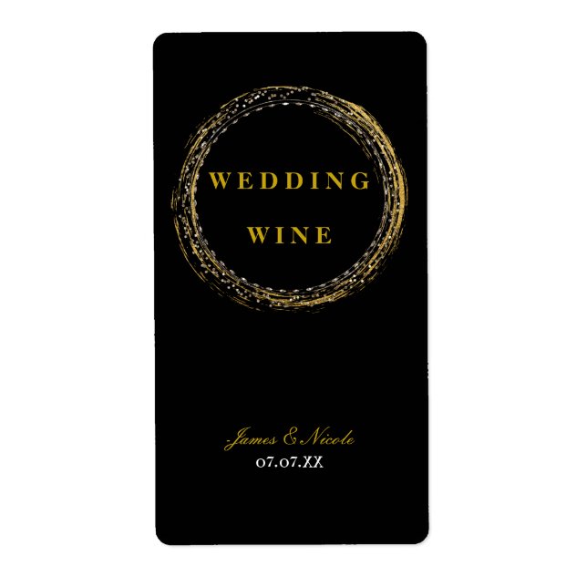 Gold Foil Sparkle Glamour Circle Black Wine Label (Front)