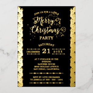 Gold Foil Sparkles Merry Christmas Party Black Foil Invitation