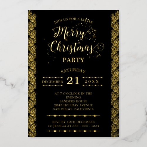 Gold Foil Sparkles Merry Christmas Party Black Foil Invitation