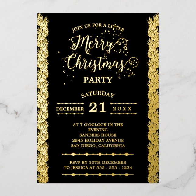 Gold Foil Sparkles Merry Christmas Party Black Foil Invitation (Front)