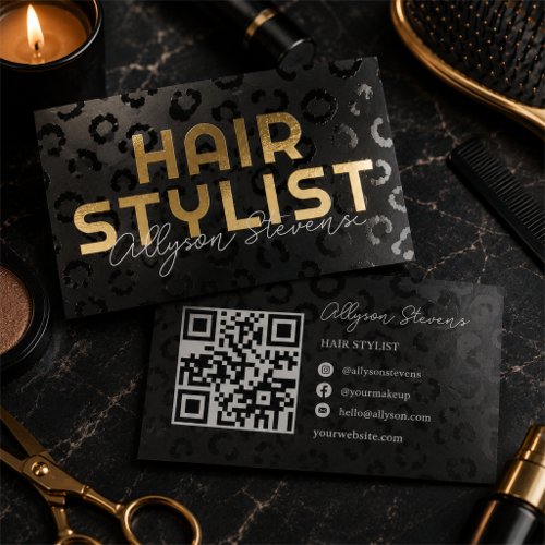 Gold Foil Spot UV Hair Stylist QR Gloss Business Cards