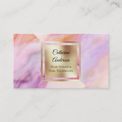 Gold foil square watercolor pink orange purple business card