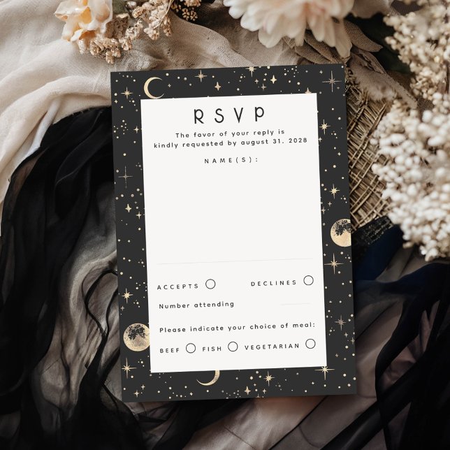 Gold Foil Stars Celestial Wedding RSVP Card (Black Celestial RSVP Card)