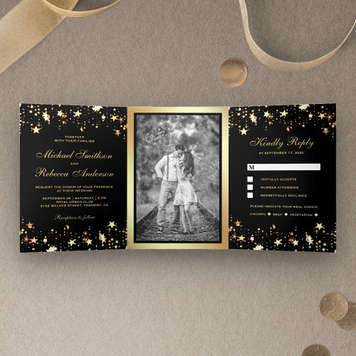 Gold Foil Stars Confetti Black Wedding Tri_Fold Invitation