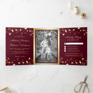 Gold Foil Stars Confetti Burgundy Wedding Tri-Fold Invitation