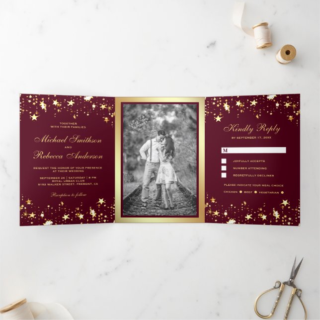 Gold Foil Stars Confetti Burgundy Wedding Tri-Fold Invitation (Inside)