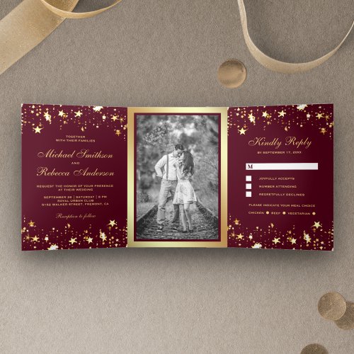 Gold Foil Stars Confetti Burgundy Wedding Tri_Fold Invitation