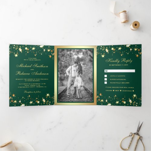 Gold Foil Stars Confetti Emerald Green Wedding Tri_Fold Invitation