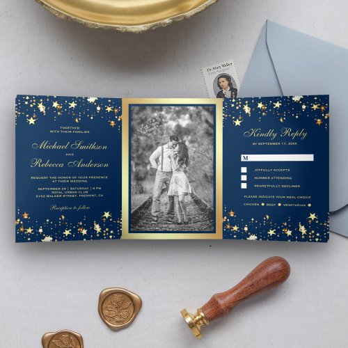 Gold Foil Stars Confetti Navy Blue Wedding Tri_Fold Invitation