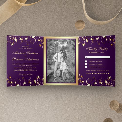 Gold Foil Stars Confetti Purple Wedding Tri_Fold Invitation