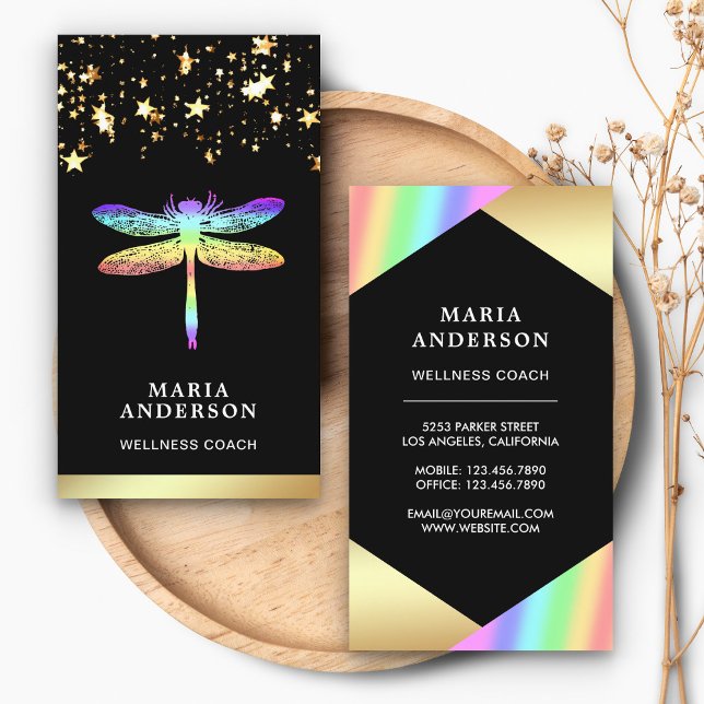 Gold Foil Stars Confetti Rainbow Dragonfly Business Card (Creator Uploaded)