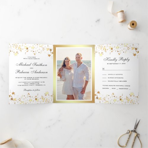 Gold Foil Stars Confetti White Wedding Tri_Fold Invitation