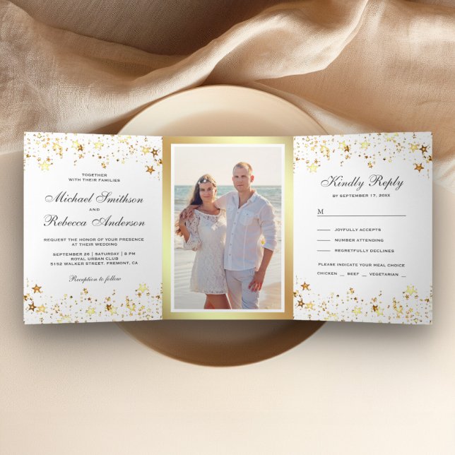 Gold Foil Stars Confetti White Wedding Tri-Fold Invitation (Creator Uploaded)